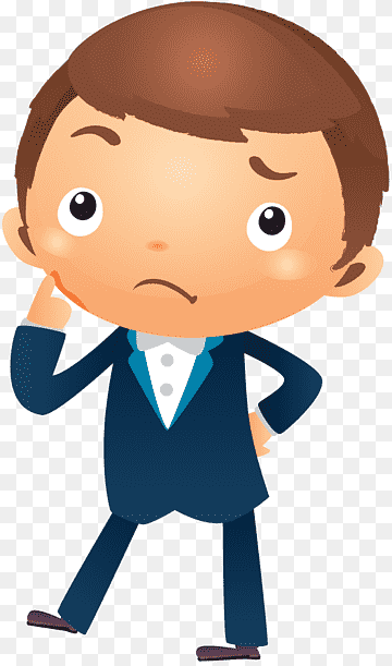 Cartoon boy in suit looking thoughtful with hand on chin, puzzled expression.