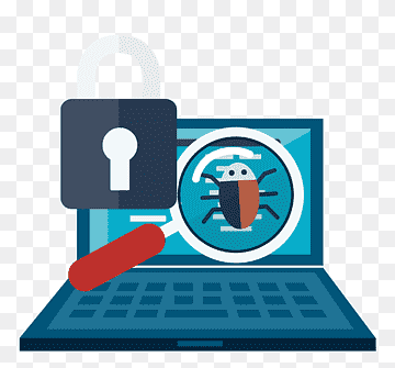 Laptop screen showing a magnifying glass inspecting a bug icon beside a padlock, symbolizing cybersecurity and malware scanning.