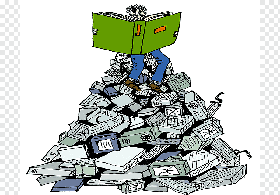 A person stands atop a towering pile of books and documents, deeply engrossed in reading a large green book.