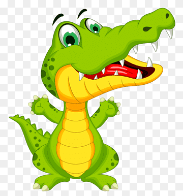 Cheerful green cartoon crocodile with open mouth, sharp teeth, and raised arms on transparent background.
