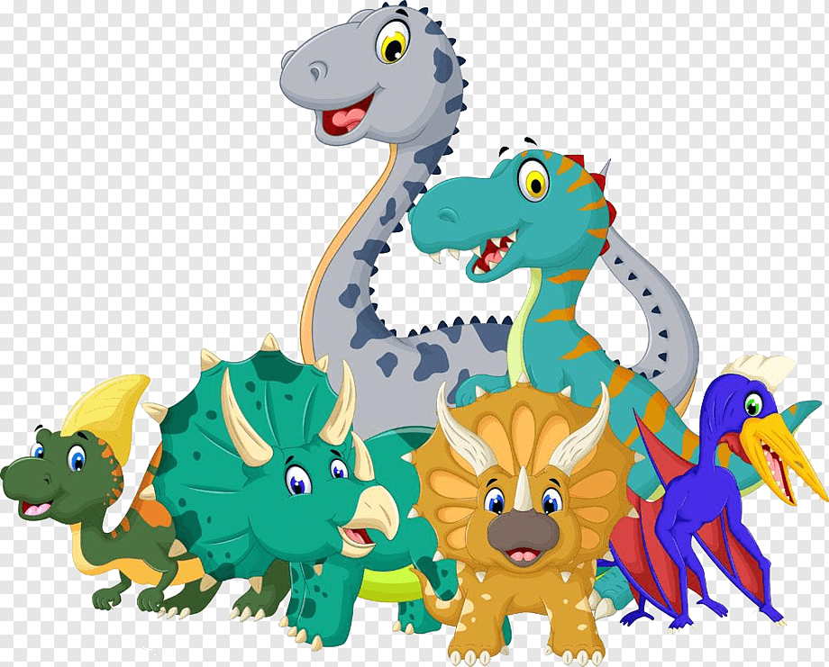 Cheerful cartoon dinosaurs including Brachiosaurus, T-Rex, Triceratops, Stegosaurus, and Pterodactyl posing together.