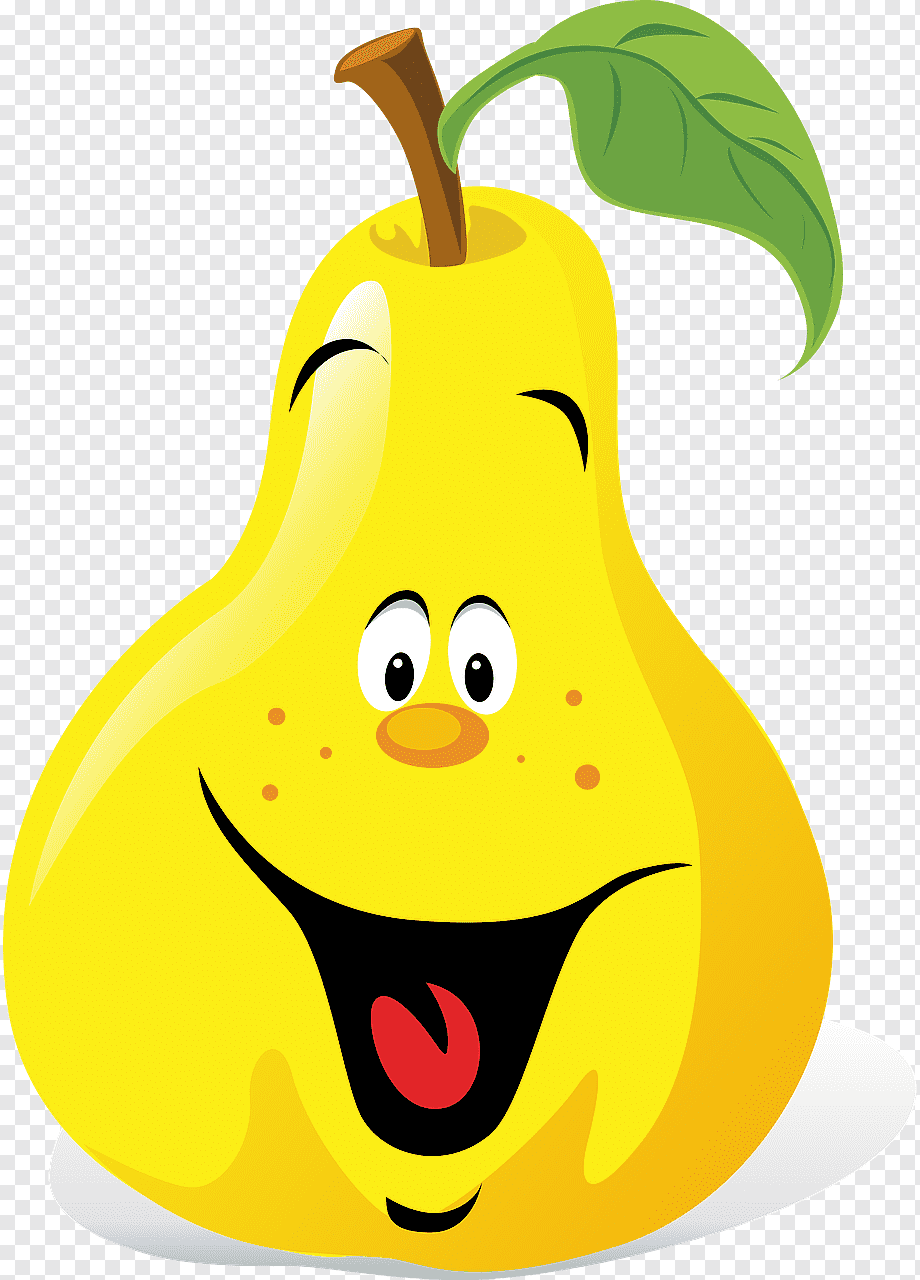 Cheerful yellow cartoon pear with smiling face, green leaf, and brown stem on transparent background.