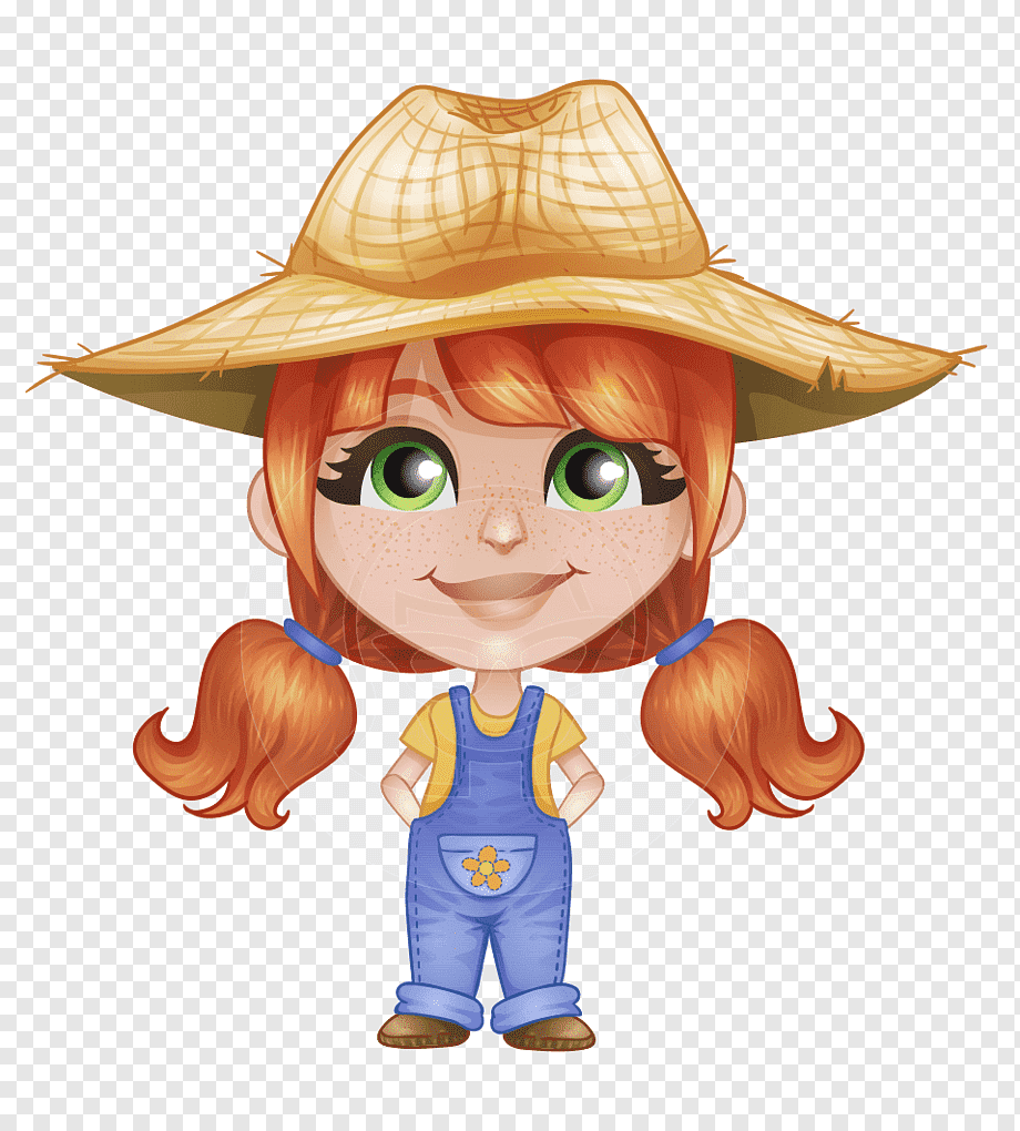 Cheerful cartoon girl with red pigtails, green eyes, straw hat, and blue overalls with flower pocket.
