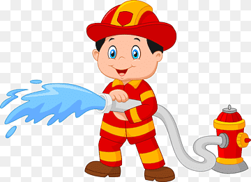 Cartoon firefighter in red uniform spraying water from a hose connected to a fire hydrant.