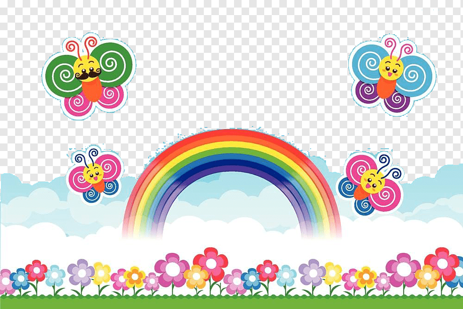 Colorful cartoon rainbow with smiling butterfly characters flying above flowers and clouds on transparent background.