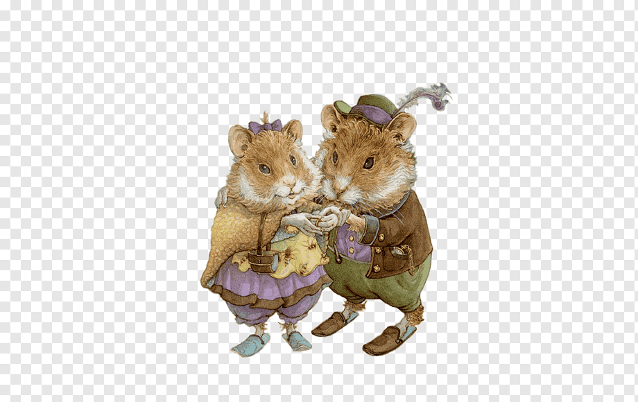 Two anthropomorphic hamsters in vintage clothing embracing warmly, one in a purple dress and the other in a green jacket with feathered hat.