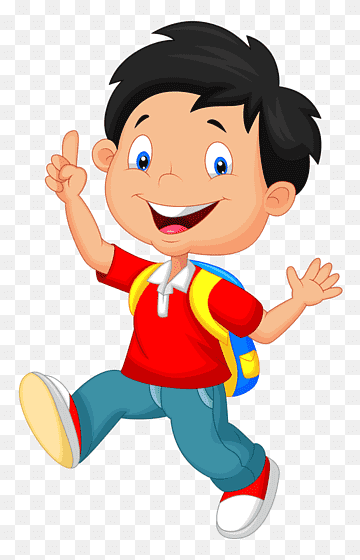 Happy cartoon boy with backpack pointing upward, running joyfully.