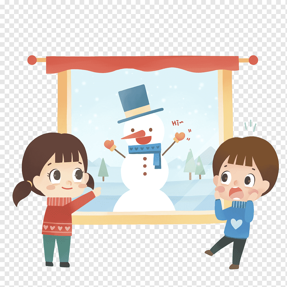 Two children looking out a window at a cheerful snowman waving hello in a snowy landscape.