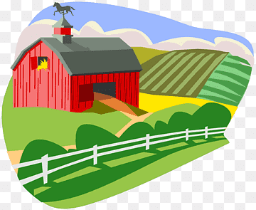 Red barn with weather vane, white fence, and rolling green farmland under a blue sky.