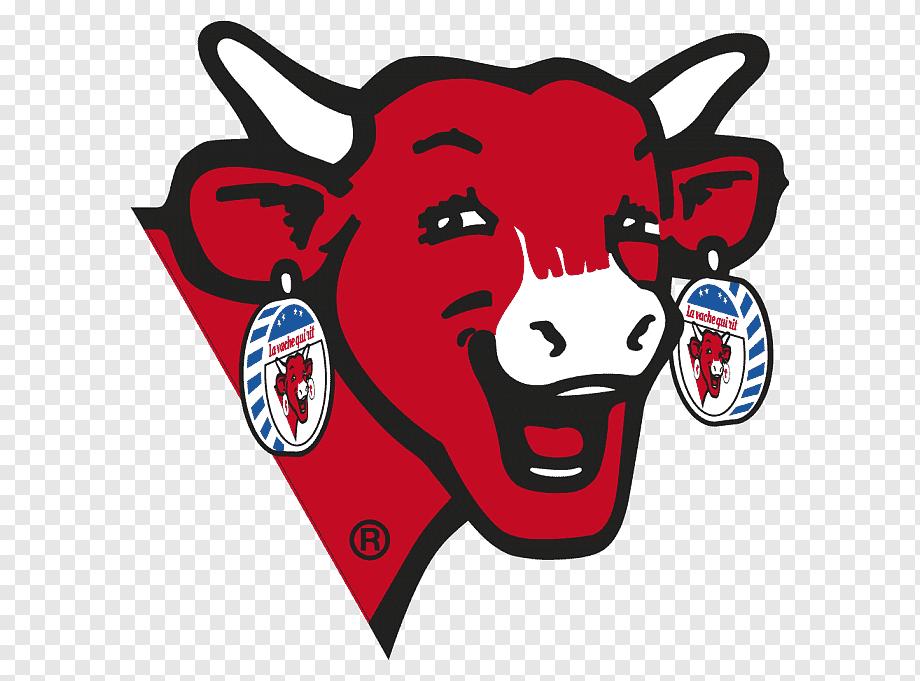 Red cartoon bull head with smiling expression, wearing branded earrings labeled "La vache qui rit"