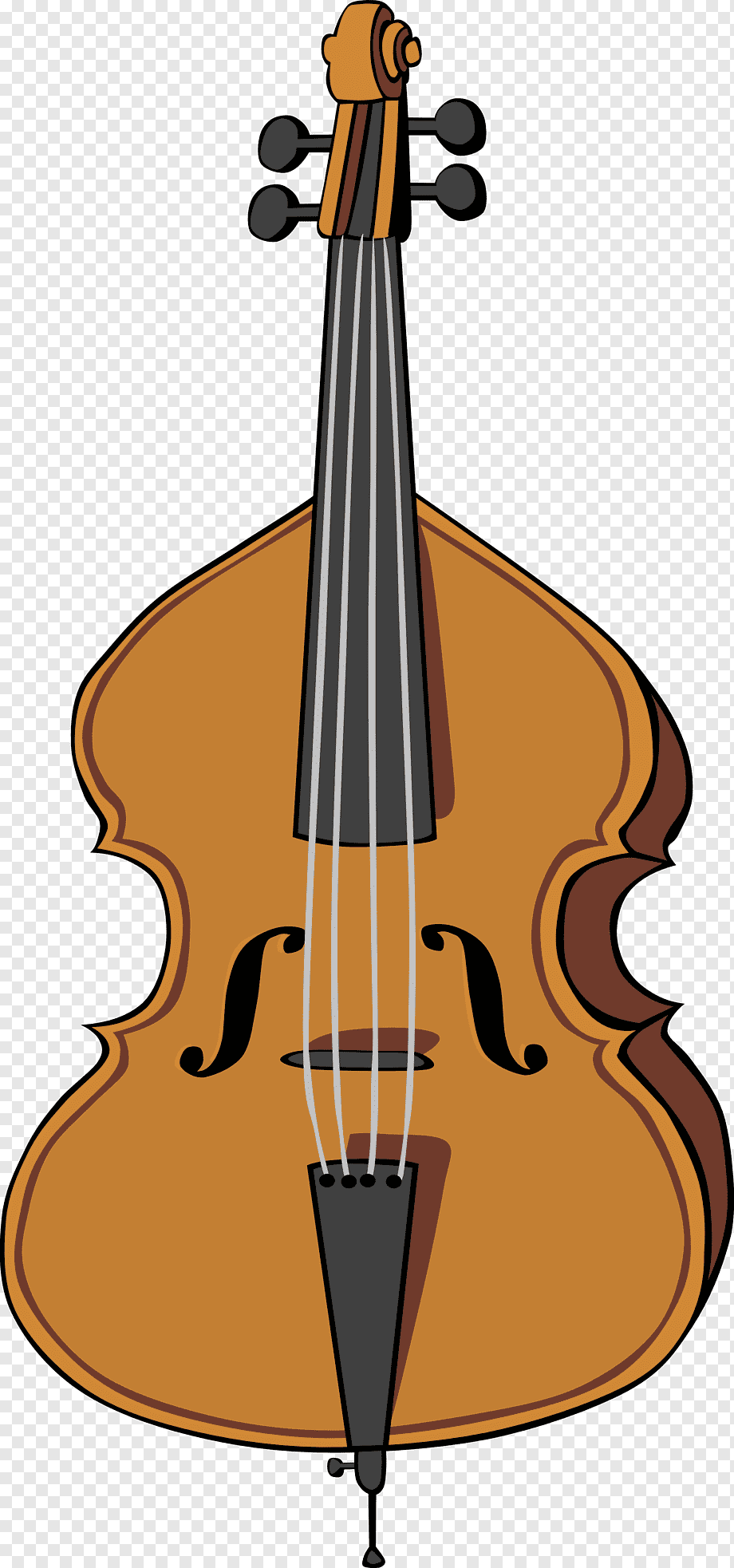 Cartoon illustration of a double bass with four strings, f-holes, and a wooden body on transparent background.