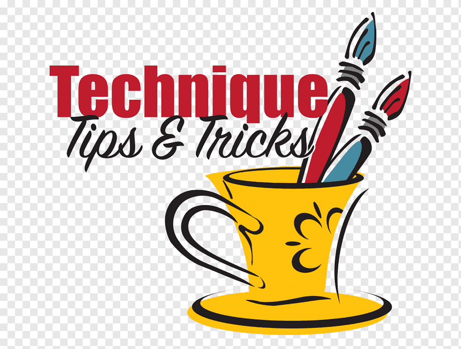 Yellow teacup holding two paintbrushes with text "Technique Tips & Tricks" above it.