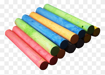A colorful assortment of chalk sticks in pink, red, green, blue, yellow, and brown, arranged diagonally on a transparent background.