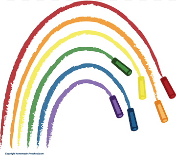 Hand-drawn rainbow made with colorful crayons, each arc ending in a crayon tip.