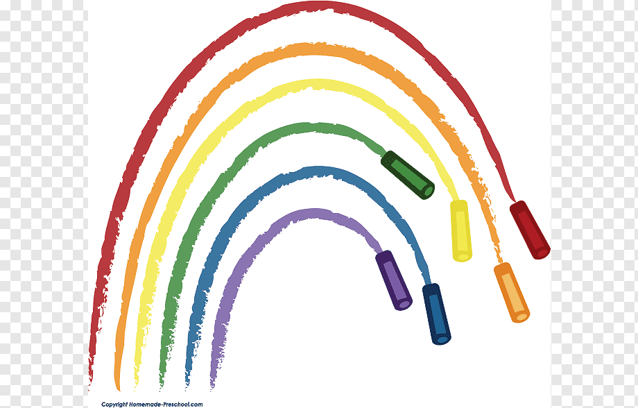 Hand-drawn rainbow made with colorful crayons on white background, showing red, orange, yellow, green, blue, indigo, violet arcs.