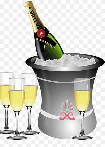 Champagne bottle in ice bucket with four filled flutes, festive celebration setup.