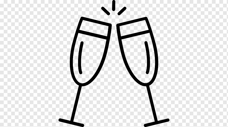 Two champagne flutes clinking in celebration with sparkles above.