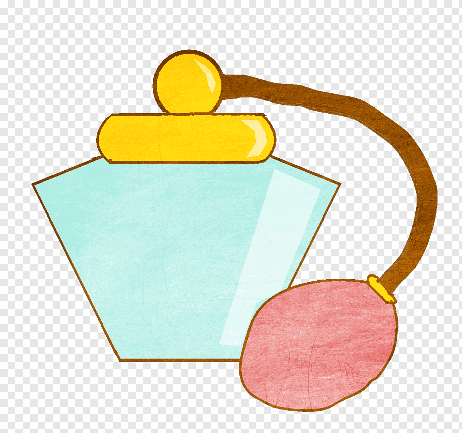 Hand-drawn illustration of a vintage-style perfume bottle with a gold cap and pink rubber atomizer bulb.