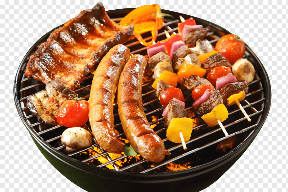 Grilled sausages, ribs, vegetable skewers, mushrooms, and cherry tomatoes sizzling on a charcoal grill.