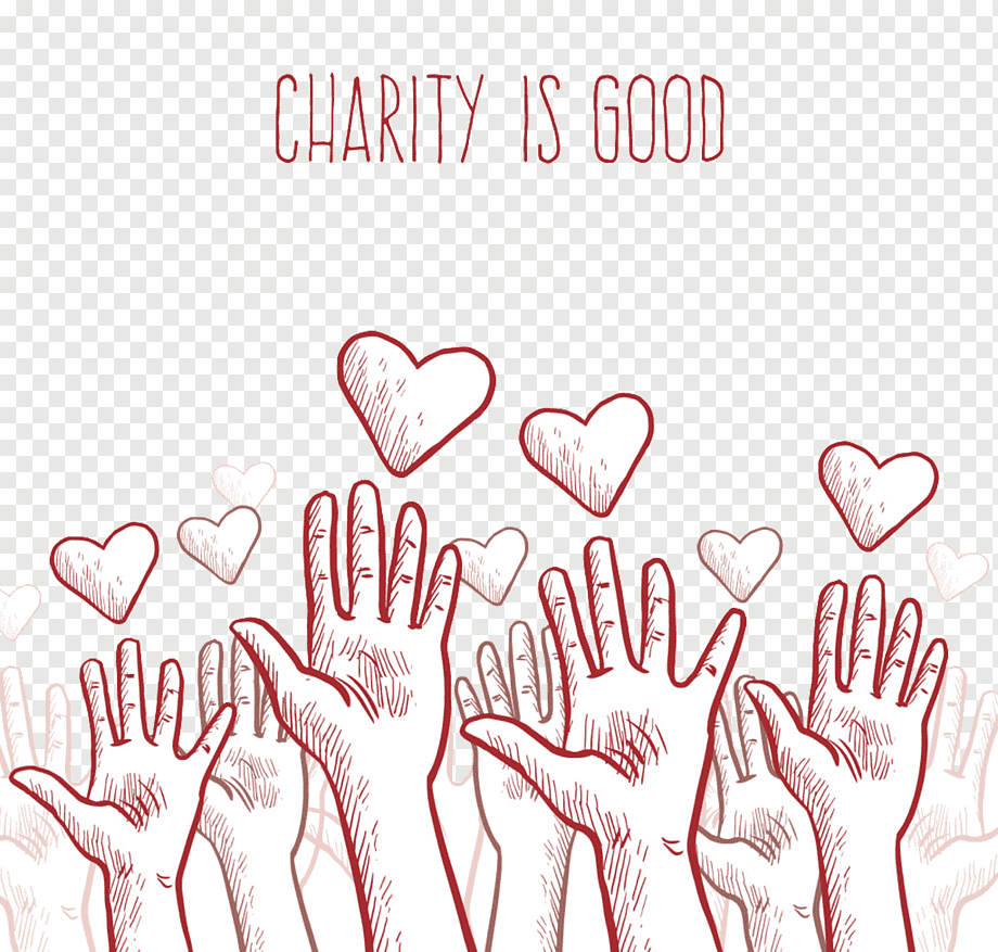 Illustrated hands reaching upward with hearts floating above, captioned "Charity Is Good" in red sketch style.