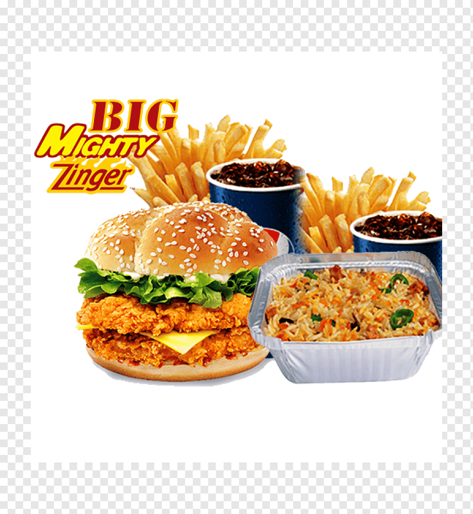 Big Mighty Zinger meal featuring a double chicken burger, fries, sauces, and biryani in foil container.