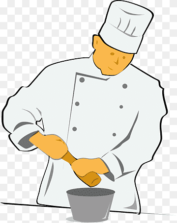 Chef in white uniform and toque stirring a bowl with wooden spoon.