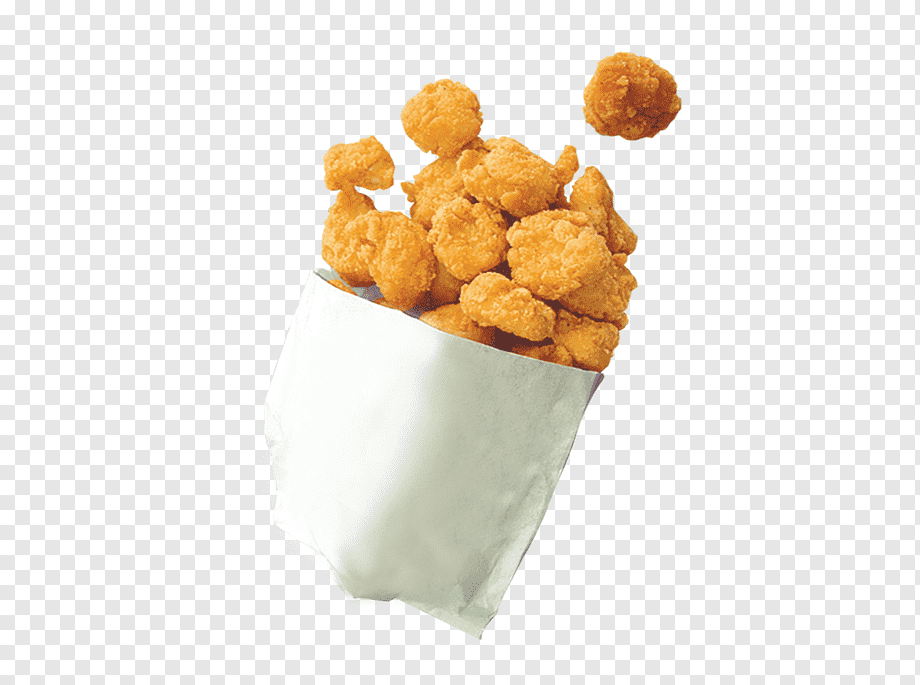 Golden crispy chicken nuggets spilling from a white paper bag on transparent background.