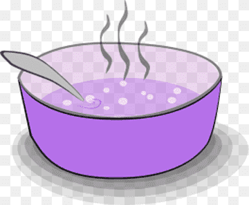 Purple bowl of steaming hot soup with a spoon, illustrated in simple cartoon style.