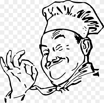 Smiling chef in tall hat giving an "OK" gesture with hand, black-and-white line drawing.