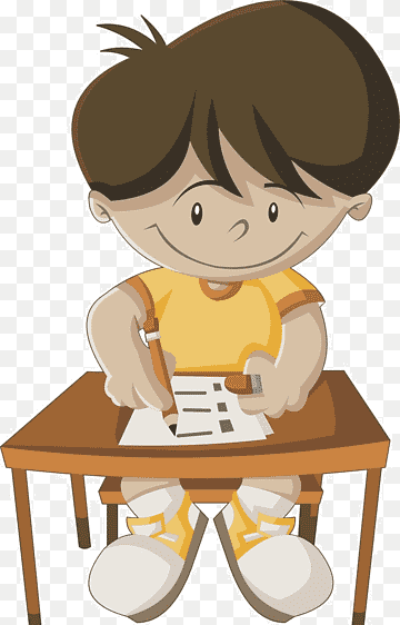 Smiling cartoon boy sitting at a desk, writing on a worksheet with a pencil.