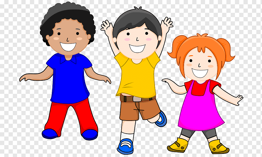 Three diverse smiling children dancing joyfully in colorful clothes on transparent background.