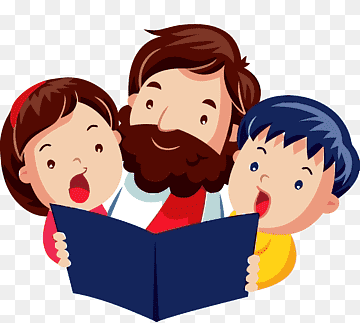 A bearded adult reading a blue book aloud to two enthusiastic children, one girl and one boy, in a joyful learning moment.