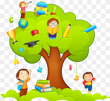 Cartoon children learning around a green knowledge tree with books, globe, pencil, and graduation cap.
