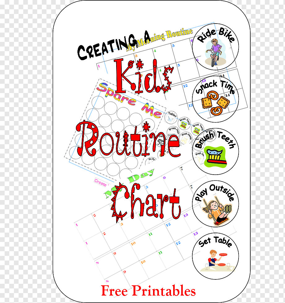 Free printable kids routine chart with morning tasks like brushing teeth, riding bike, snack time, and setting the table.