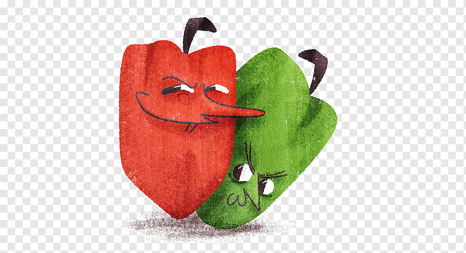 A red and green cartoon pepper with expressive faces, the red one smirking mischievously while the green one looks annoyed.