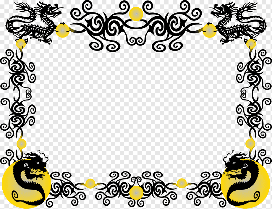 Ornate black-and-gold dragon frame with swirling filigree and yellow orbs on transparent background.