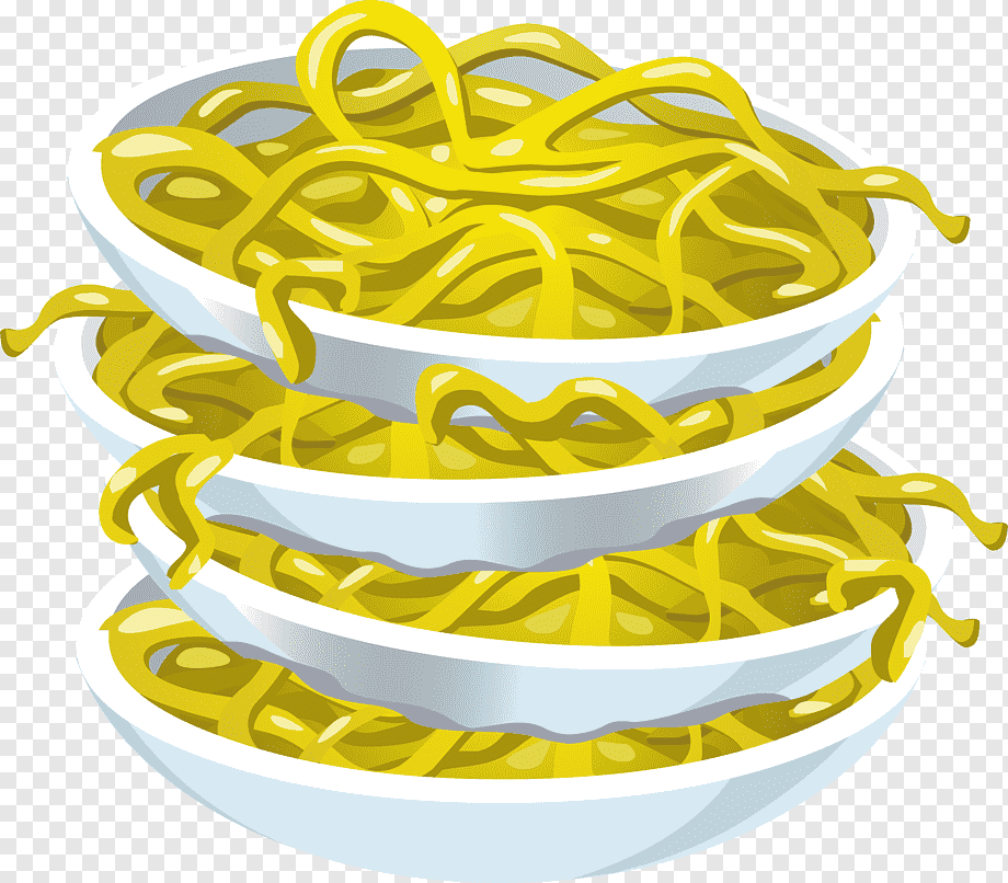 Three stacked white bowls filled with bright yellow noodles, illustrated in a clean cartoon style.