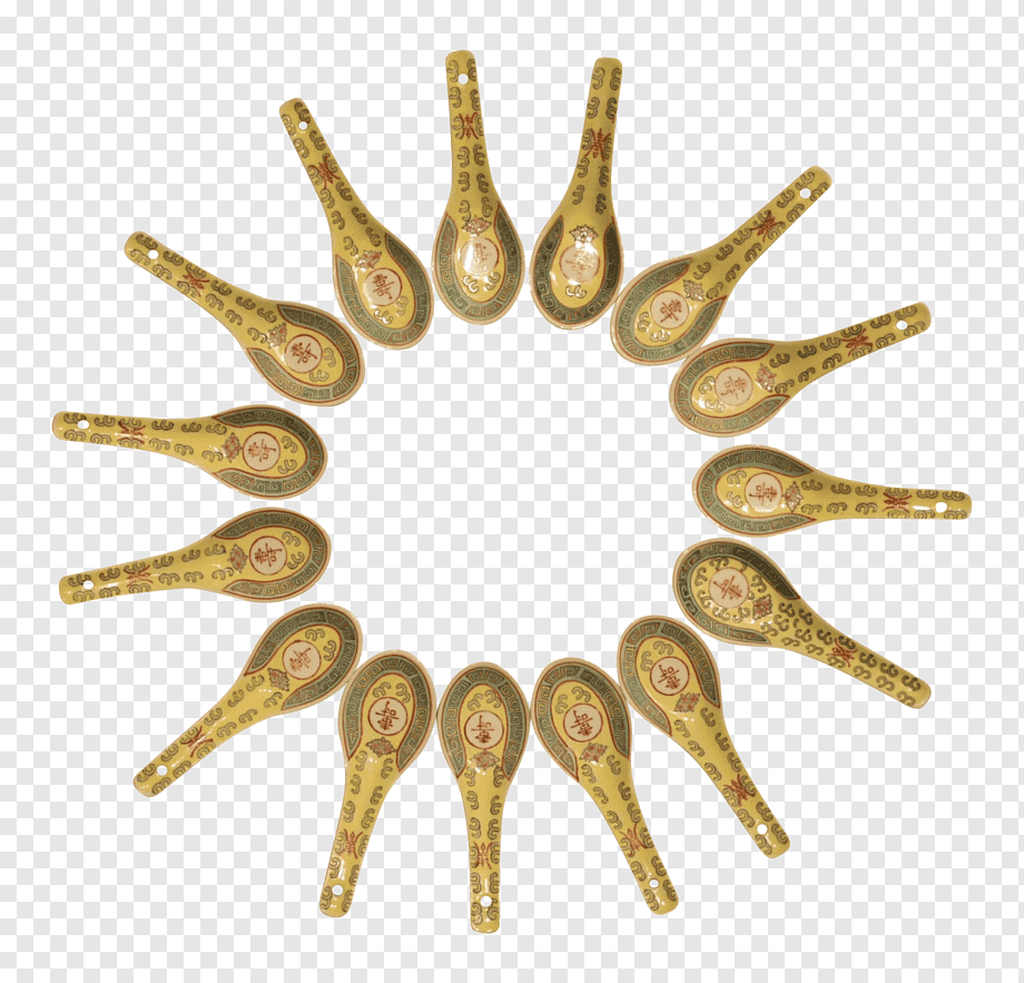 Twelve ornate yellow ceramic spoons arranged in a circle, each decorated with traditional Chinese motifs and the character for "blessing".