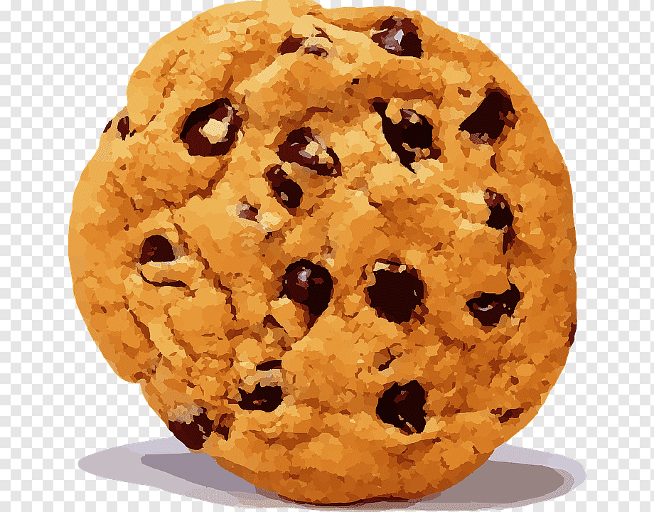 Golden-brown chocolate chip cookie with melted chips and crisp edges, casting a soft shadow on transparent background.
