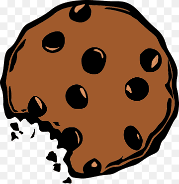 A cartoon-style chocolate chip cookie with a bite taken out, showing scattered crumbs and visible chocolate chips.