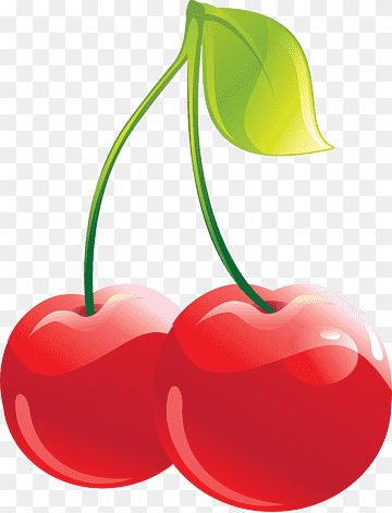 Two glossy red cherries with green stems and a single leaf on transparent background.