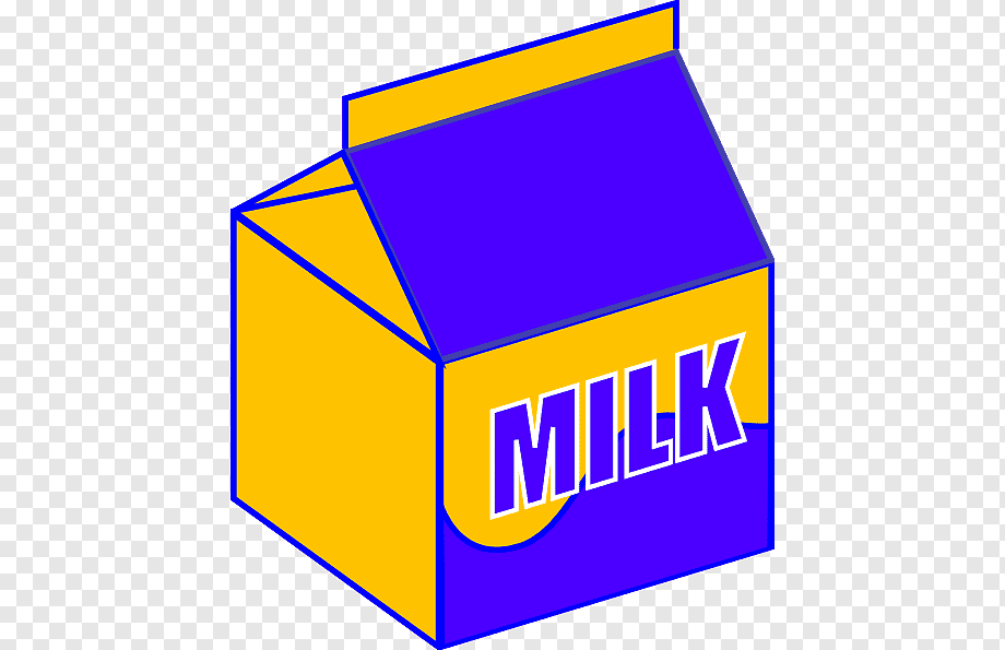 Yellow and purple milk carton illustration with bold "MILK" text on side, isometric view on transparent background.