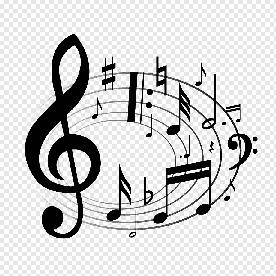 Musical notation graphic featuring treble clef, bass clef, notes, sharps, flats, and dynamic symbols on concentric staves.