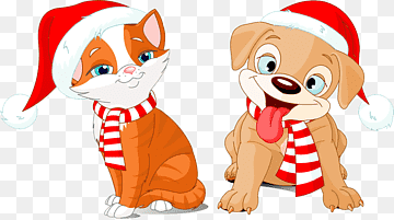 A cheerful cartoon cat and dog wearing Santa hats and striped scarves, sitting side by side in festive holiday attire.