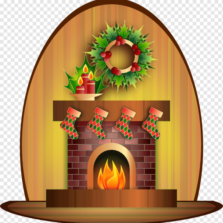 Festive Christmas fireplace with holly wreath, candles, and four patterned stockings hanging above a roaring fire.