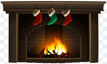 Cozy fireplace with crackling fire and three festive stockings hanging above the mantel.