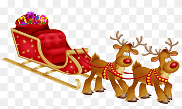 Santa’s red sleigh pulled by two reindeer, loaded with colorful gifts, against a transparent background.