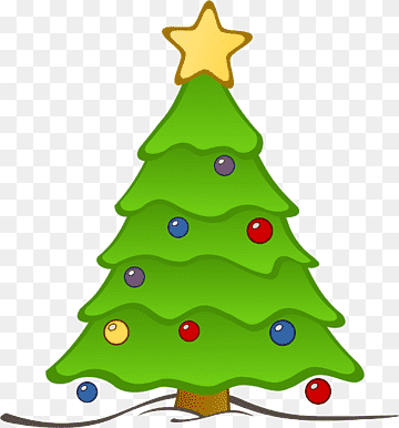 A cheerful green cartoon Christmas tree decorated with colorful ornaments and a golden star on top, set against a transparent background.