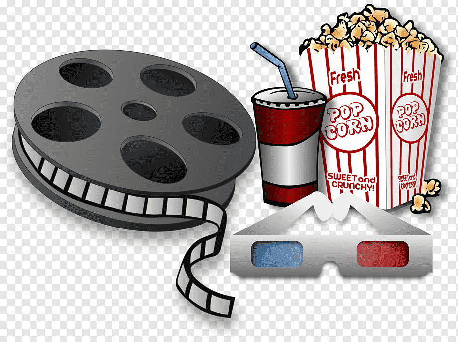 Film reel, 3D glasses, popcorn bucket, and soda cup-classic movie theater snacks and equipment.