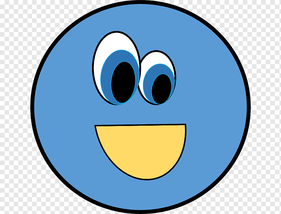 Blue smiling emoji with large expressive eyes and a yellow smile, on transparent background.